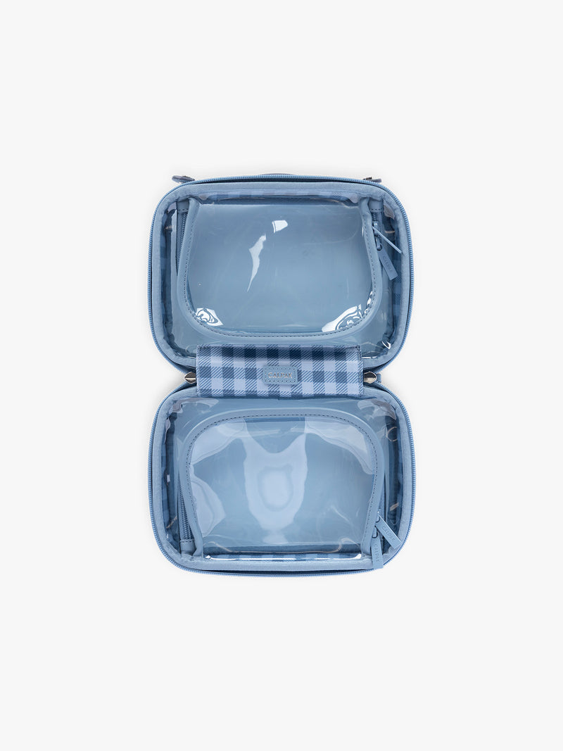Opened view of CALPAK Small Clear Cosmetic Case in light blue French Blue with white and light blue gingham interior
