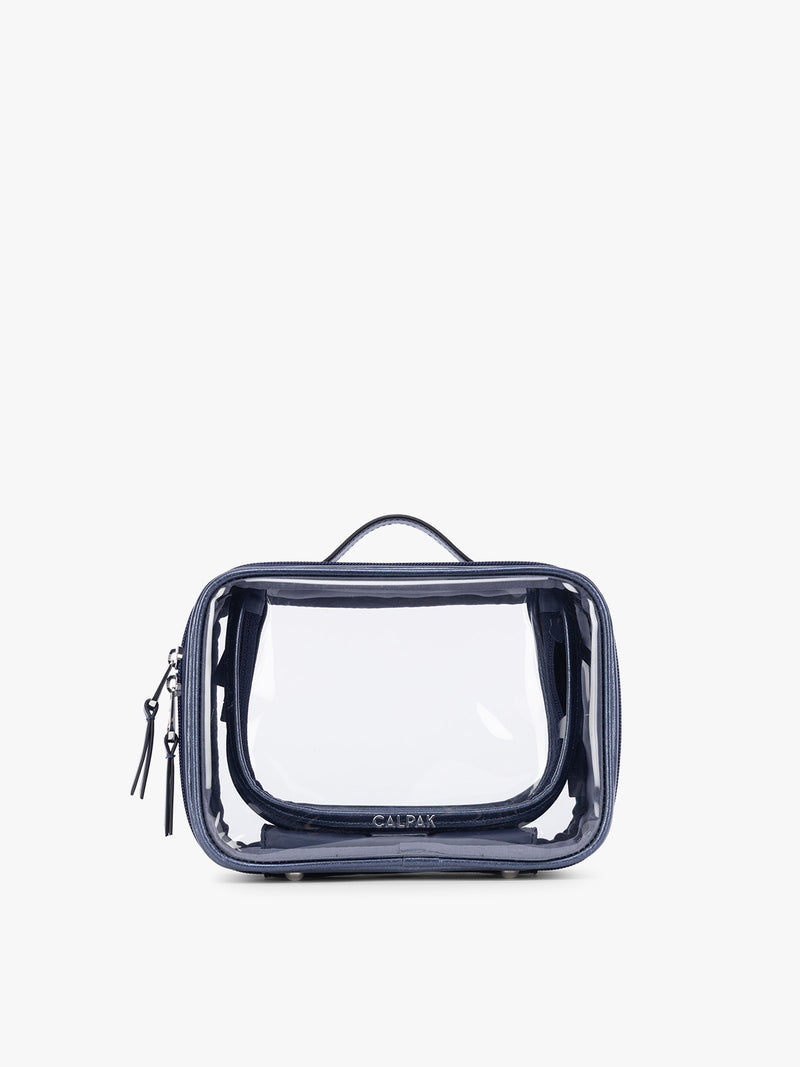 CALPAK Small Clear Cosmetic Case in dark blue Metallic Indigo with white and dark blue gingham interior