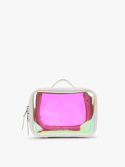 Person wearing beige holding a CALPAK Small Clear Cosmetic Case in Moonbeam with white border and transparent holographic iridescent makeup bag with pink on a white background; CCM2001-MOONBEAM view 1