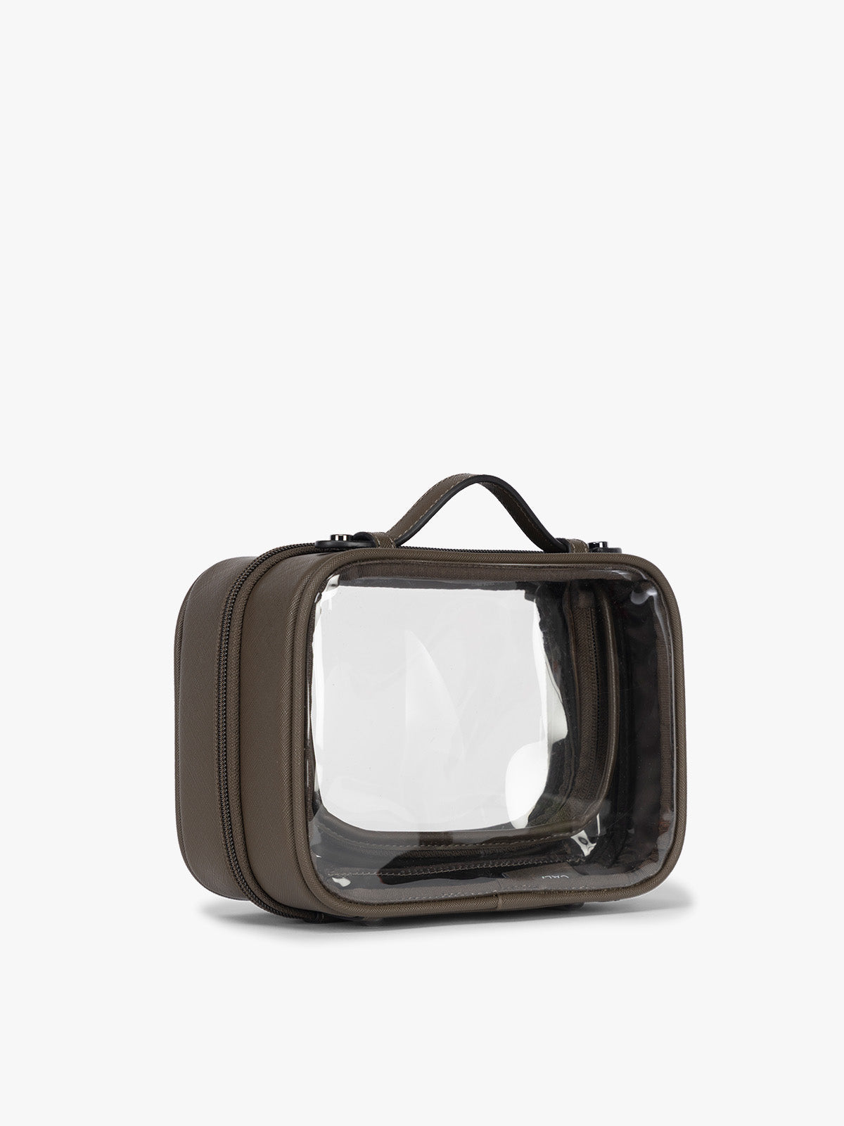 Side view of CALPAK Small Clear Cosmetics Case in brown Mushroom; CCM2001-MUSHROOM