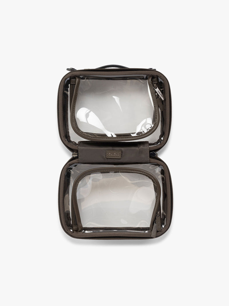 Opened view of CALPAK Small Clear Cosmetics Case in brown Mushroom