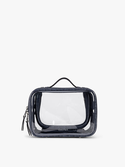 CALPAK Small Clear Cosmetics Case that is a transparent pouch with a deep blue Navy in crocodile-embossed; CCM2001-NAVY-FAUX-CROC view 1