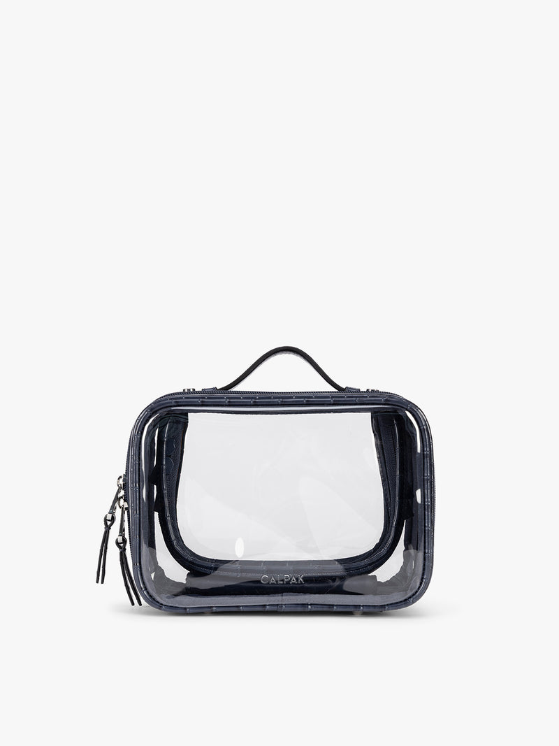 CALPAK Small Clear Cosmetics Case that is a transparent pouch with a deep blue Navy in crocodile-embossed
