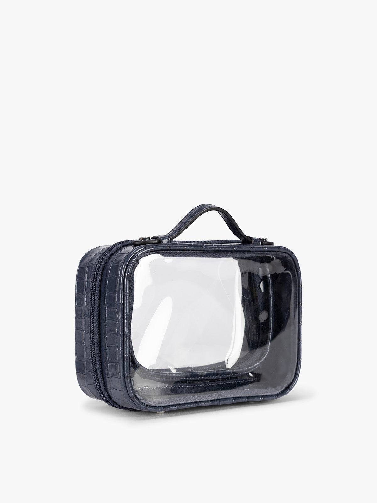 Side view of CALPAK Small Clear Cosmetics Case that is a transparent pouch with a deep blue Navy in crocodile-embossed; CCM2001-NAVY-FAUX-CROC