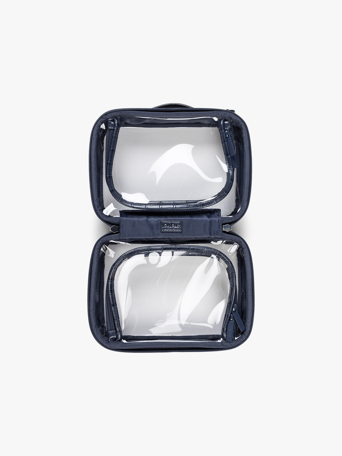 Opened CALPAK Small Clear Cosmetics Case that is a transparent pouch with a deep blue Navy in crocodile-embossed; CCM2001-NAVY-FAUX-CROC