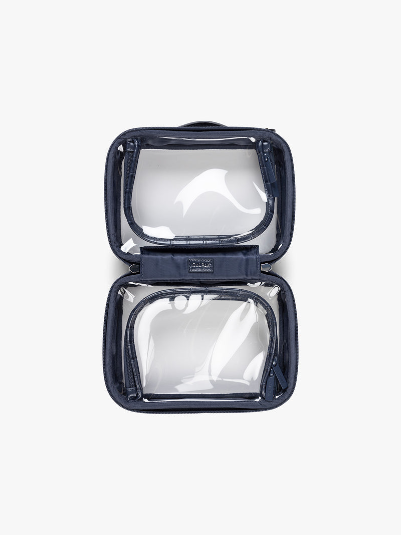 Opened CALPAK Small Clear Cosmetics Case that is a transparent pouch with a deep blue Navy in crocodile-embossed