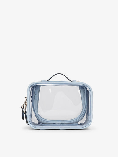 CALPAK small clear makeup bag with zippered compartments in sky; CCM2001-SKY view 1