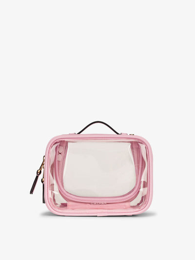 CALPAK small clear makeup bag with zippered compartments in pink strawberry; CCM2001-STRAWBERRY view 1