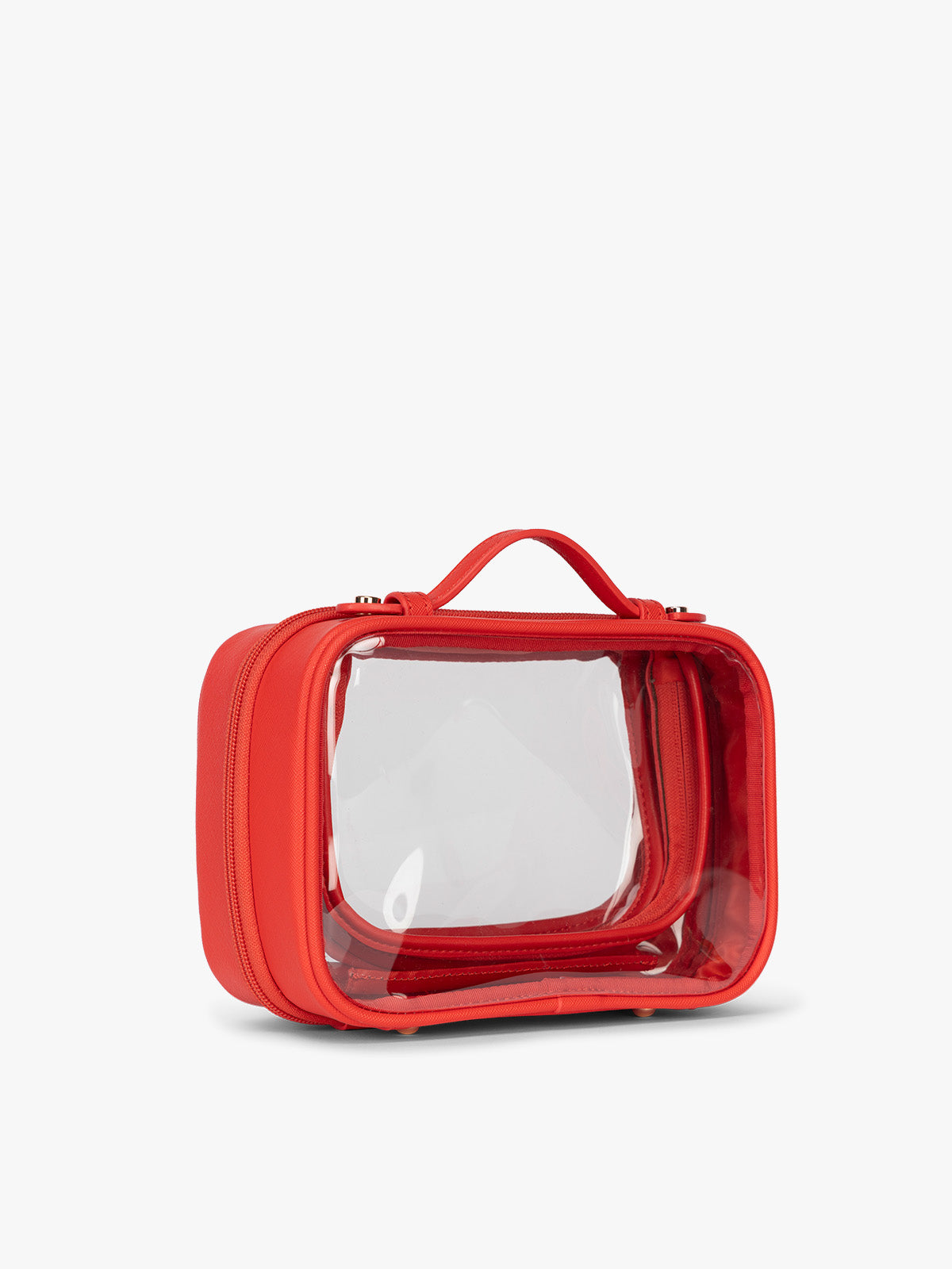 Side view of CALPAK Small  Clear Cosmetic Case in red Tomato;  CCM2001-TOMATO