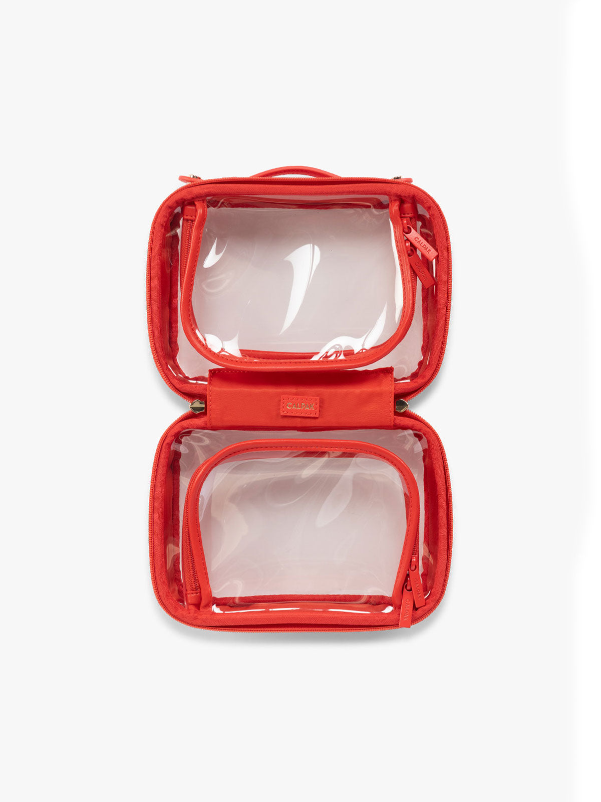 Opened view of CALPAK Small  Clear Cosmetic Case in red Tomato;  CCM2001-TOMATO