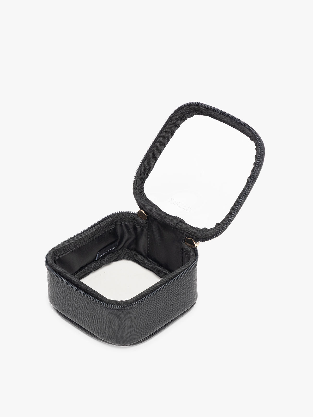 CALPAK Tiny Clear Cosmetic Case in Black opened with zipper; CCT2501-BLACK