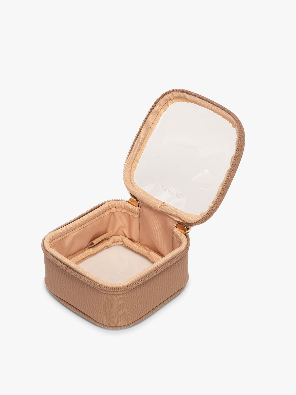 CALPAK Tiny Clear Cosmetic Case in light brown Caramel opened with zipper; CCT2501-CARAMEL