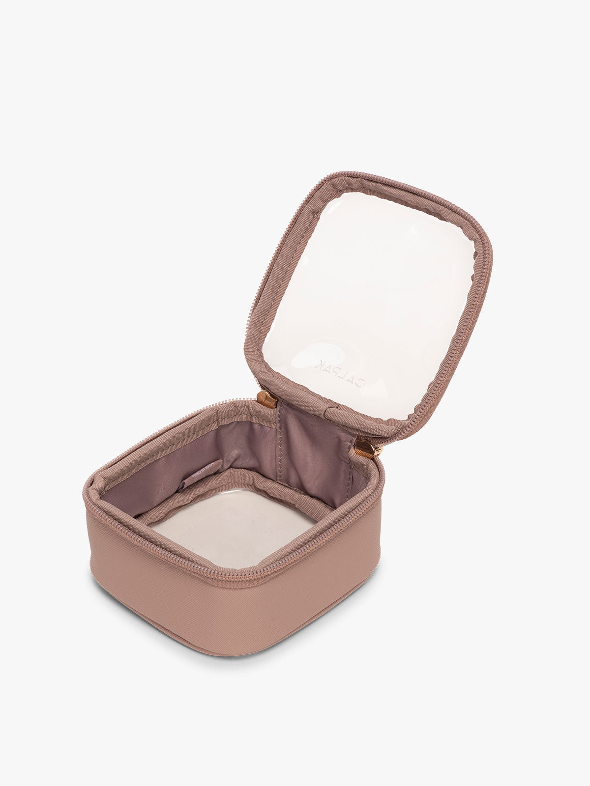 CALPAK Tiny Clear Cosmetic Case in light pink Mauve opened with zipper; CCT2501-MAUVE