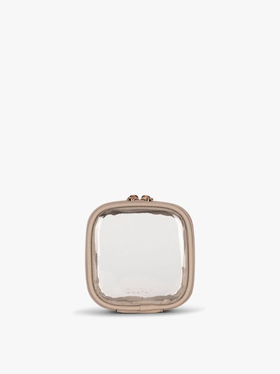 CALPAK Tiny Clear Cosmetic Case in tan Stone front view; CCT2501-STONE
