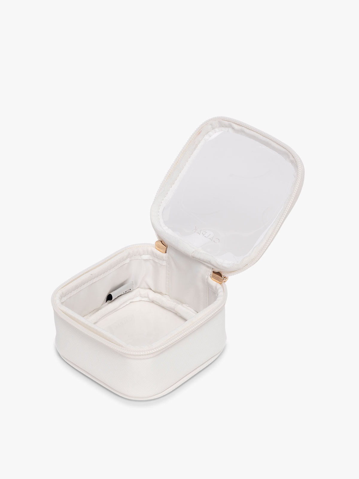 CALPAK Tiny Clear Cosmetic Case in White opened with zipper; CCT2501-WHITE