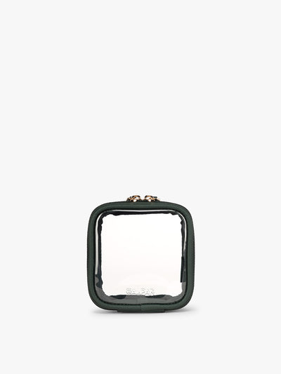 CALPAK Tiny Clear Cosmetics Case in dark green Emerald on a white background; CCT2501-EMERALD view 1