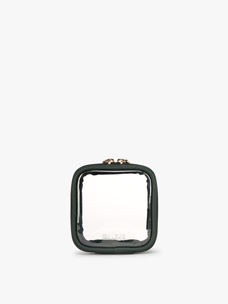 CALPAK Tiny Clear Cosmetics Case in dark green Emerald on a white background