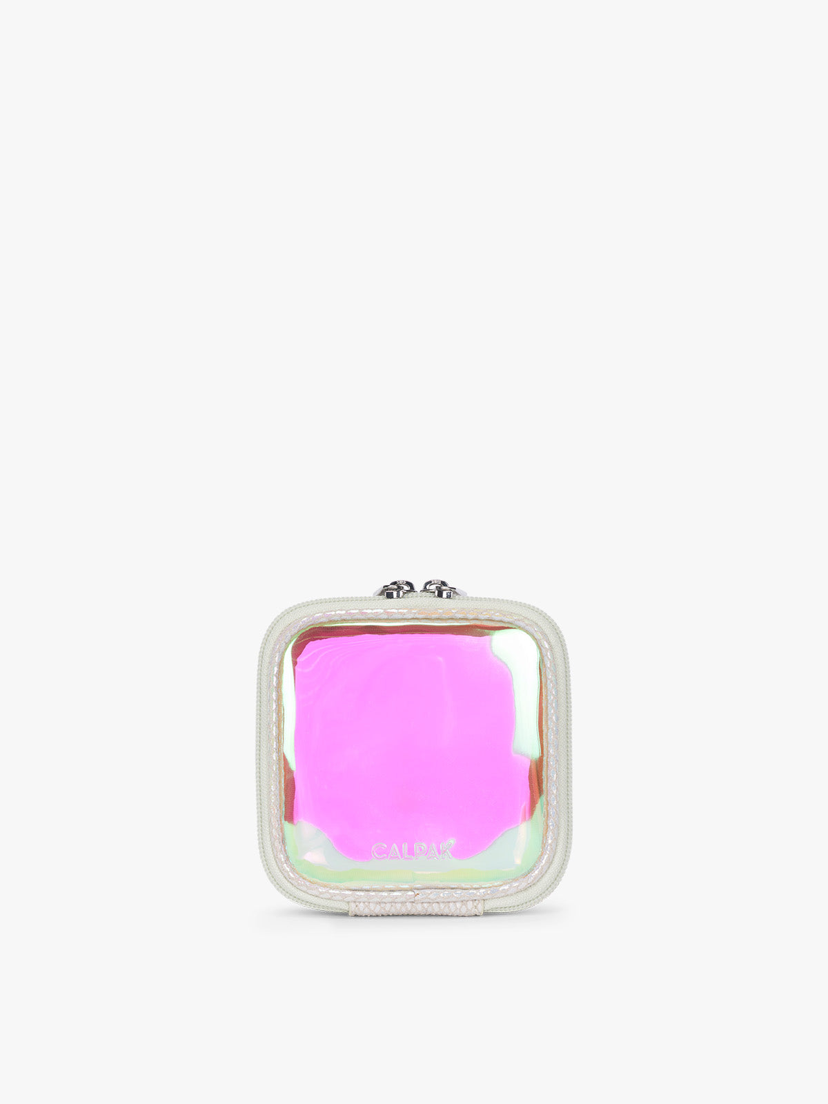 CALPAK Tiny Clear Cometic Case that is square-shaped in iridescent with pink in Moonbeam with a white border on a light gray background; CCT2501-MOONBEAM