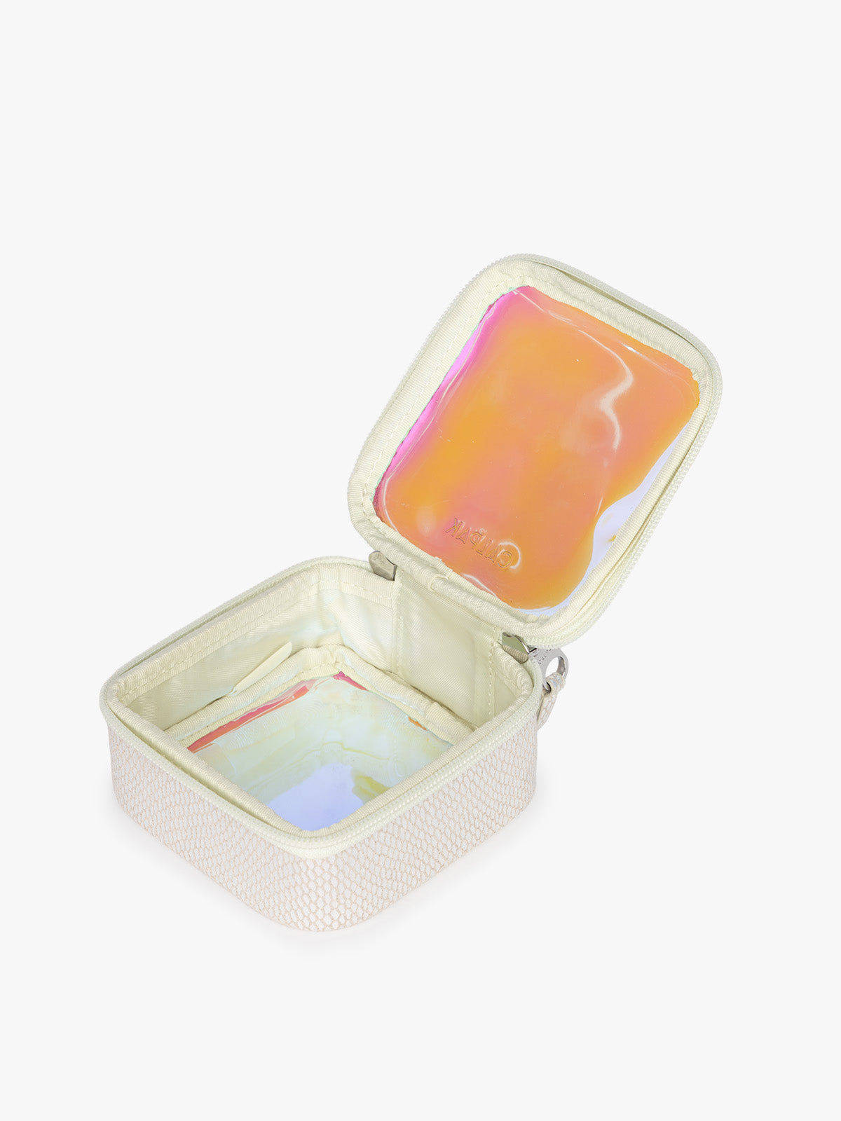 Opened CALPAK Tiny Clear Cometic Case that is square-shaped in iridescent with pink in Moonbeam with a white border on a light gray background; CCT2501-MOONBEAM