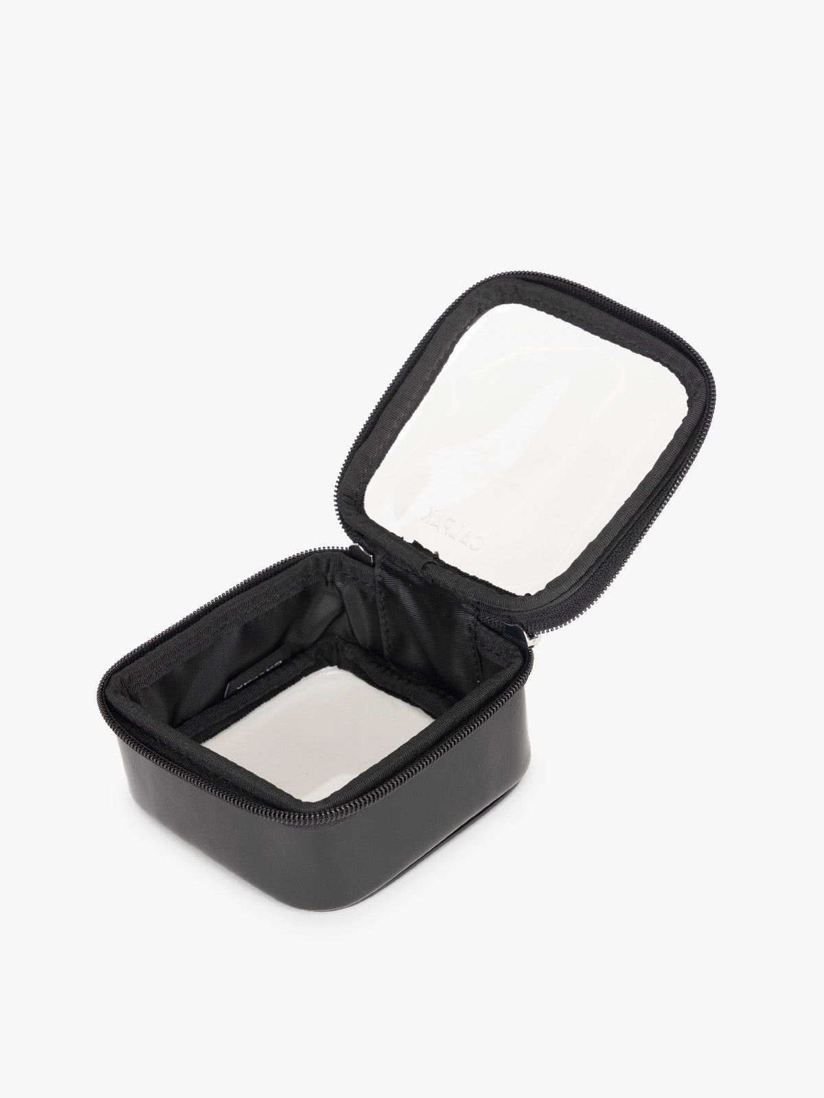 Opened view of CALPAK Tiny Clear Cosmetics Case in Glazed Black; CCT2501-GLAZED-BLACK