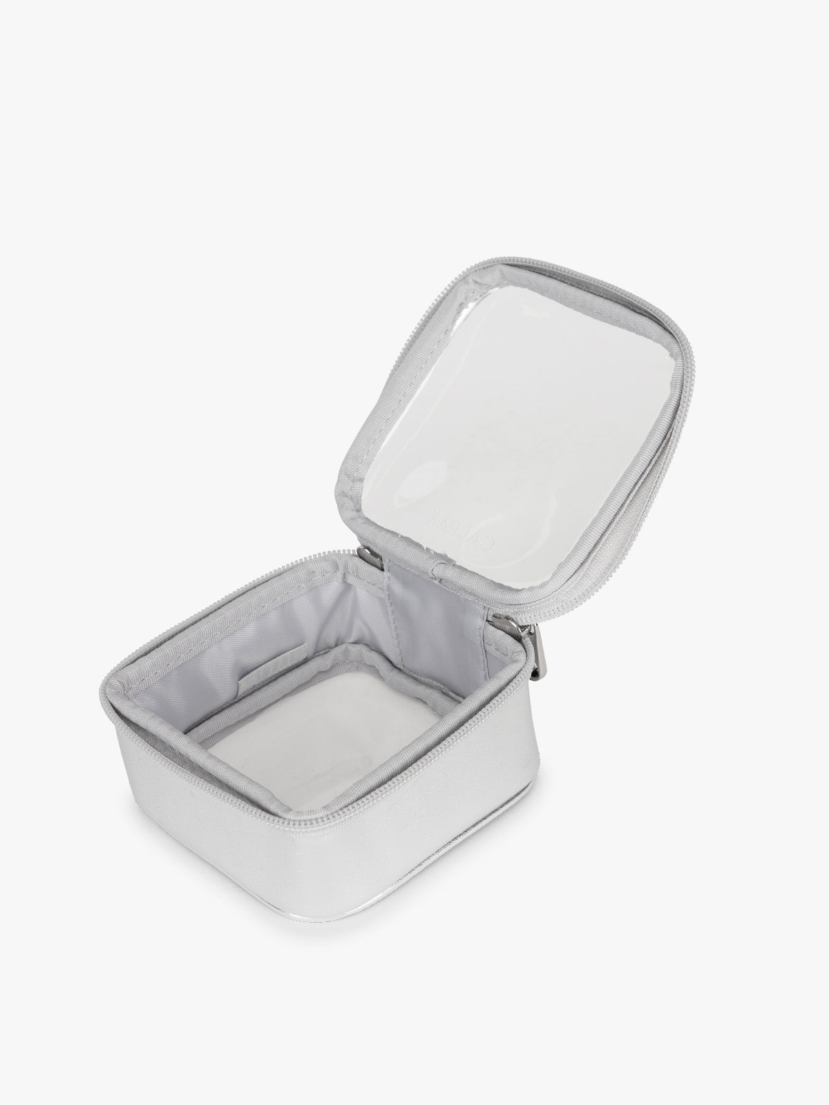 Opened view of CALPAK Tiny Clear Cosmetics Case in Silver; CCT2501-SILVER