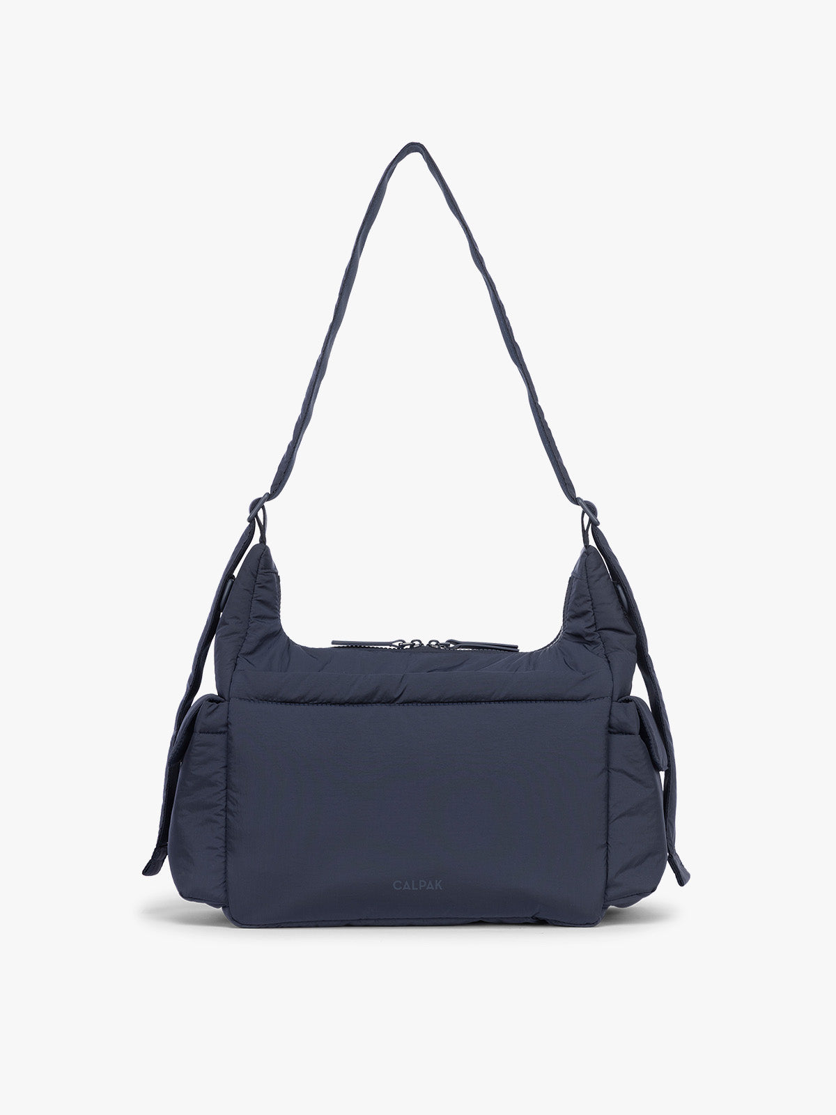 Backside of CALPAK Crossbody Diaper Bag in blue Navy; CDB2501-NAVY