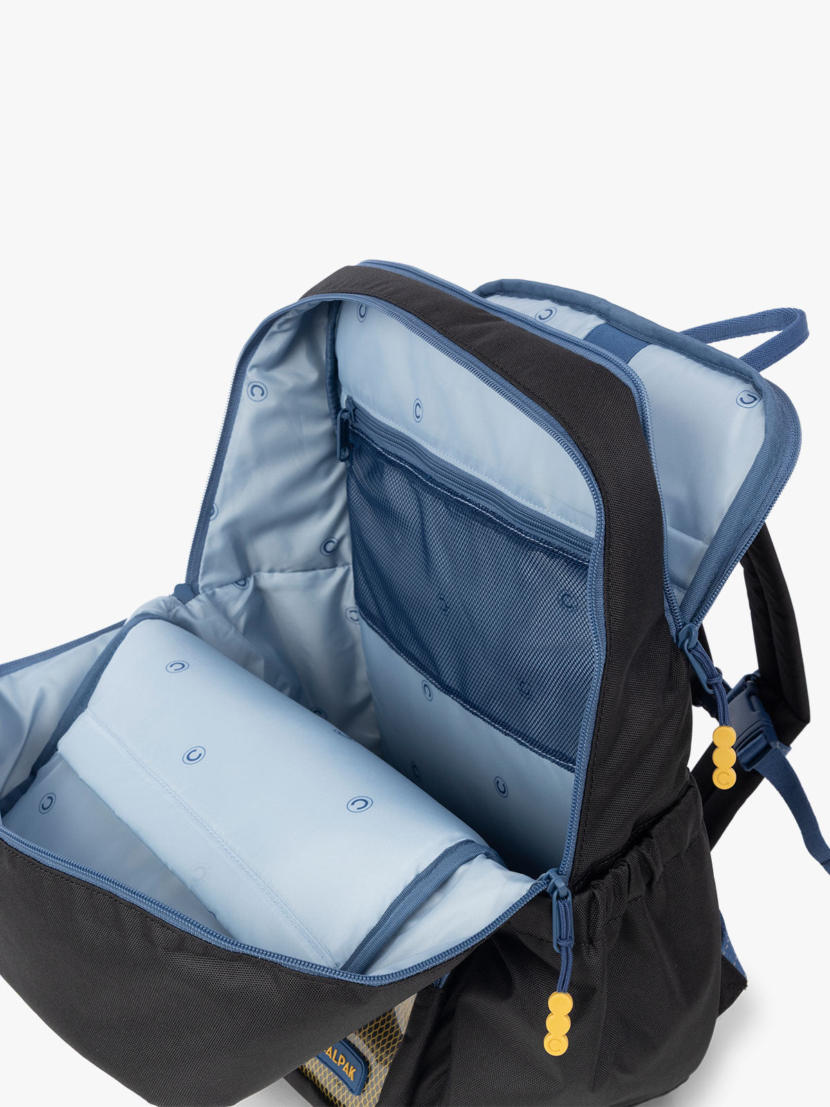 CALPAK Kids Large Backpack in Black for ages 8-12 opened view with multiple interior pockets and blue lining; CKBL2501-BLACK