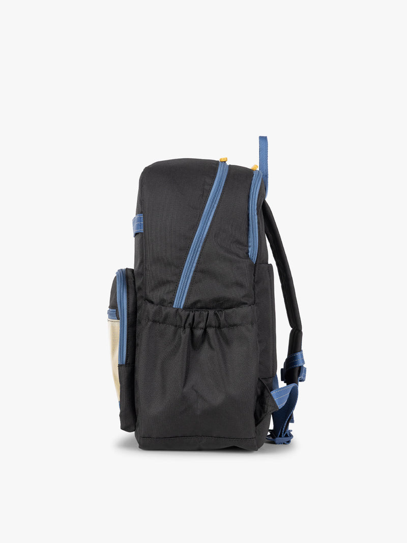 CALPAK Kids Large Backpack in Black for ages 8-12 side view with water bottle holder pocket