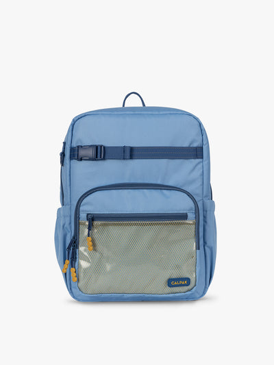 CALPAK Kids Large Backpack in Blue for ages 8-12 is built for your little one’s big days with dark blue zippers and yellow mesh front pocket, multiple interior pockets, and padded comfort straps; CKBL2501-BLUE view 1