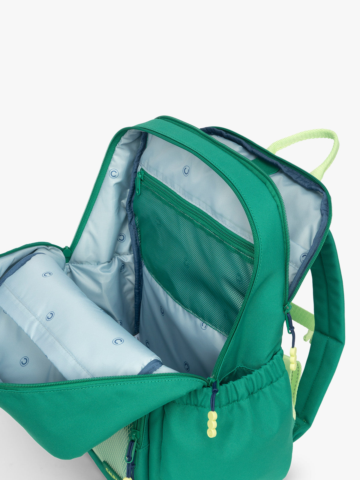 Opened view of the green CALPAK Kids Large Backpack with lime green accents on a white background; CKBL2501-GREEN