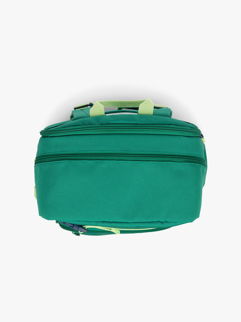 Top view of the green CALPAK Kids Large Backpack with lime green accents on a white background