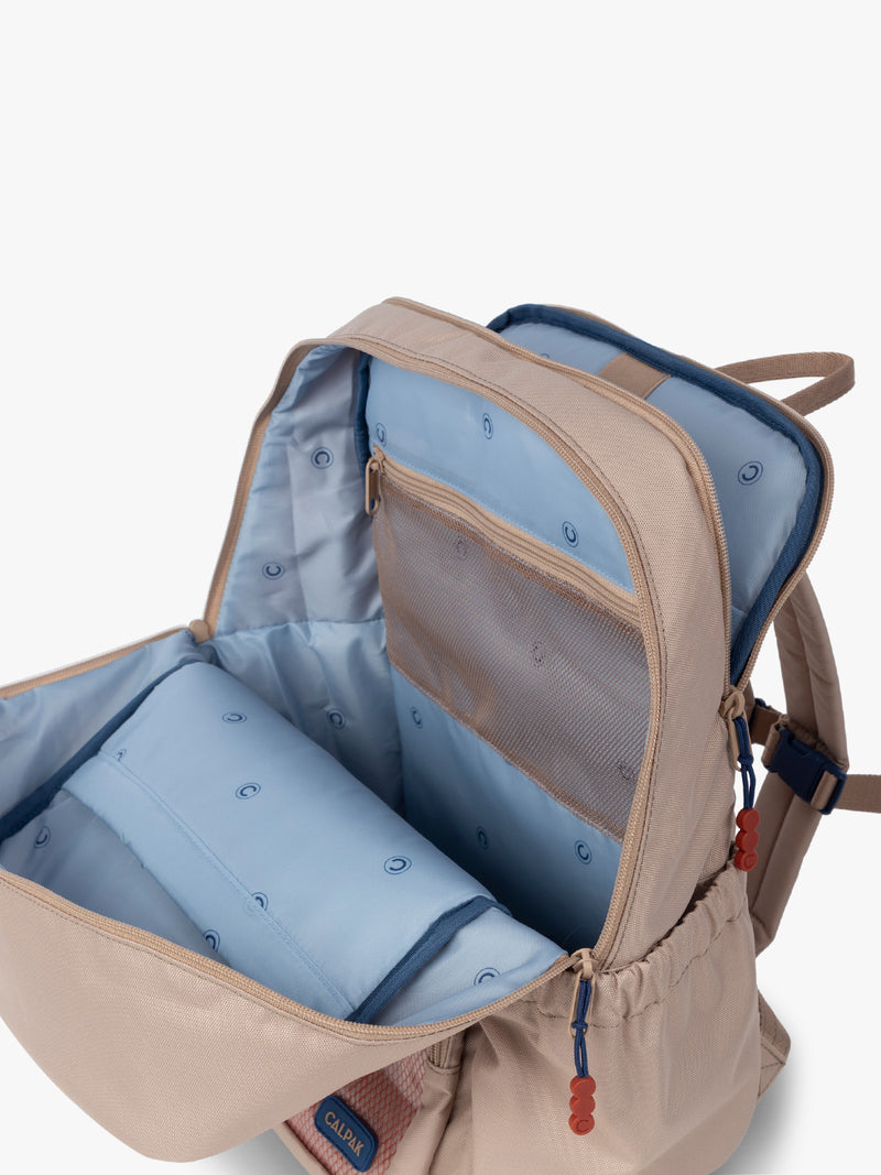 CALPAK Kids Large Backpack in brown and tan Khaki for ages 8-12 opened view with multiple interior pockets and blue lining