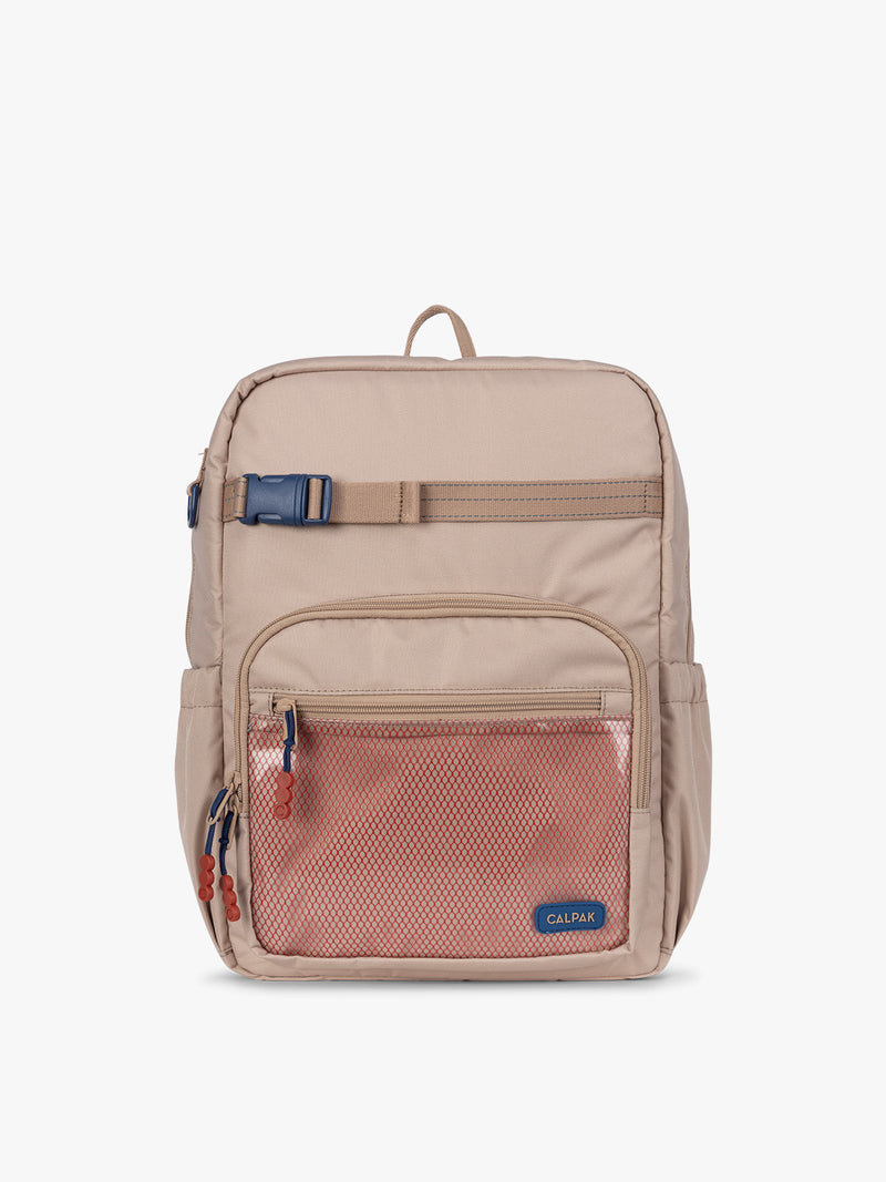 CALPAK Kids Large Backpack in brown and tan Khaki for ages 8-12 is built for your little one’s big days with dark brown and tan zippers and red mesh front pocket, multiple interior pockets, and padded comfort straps