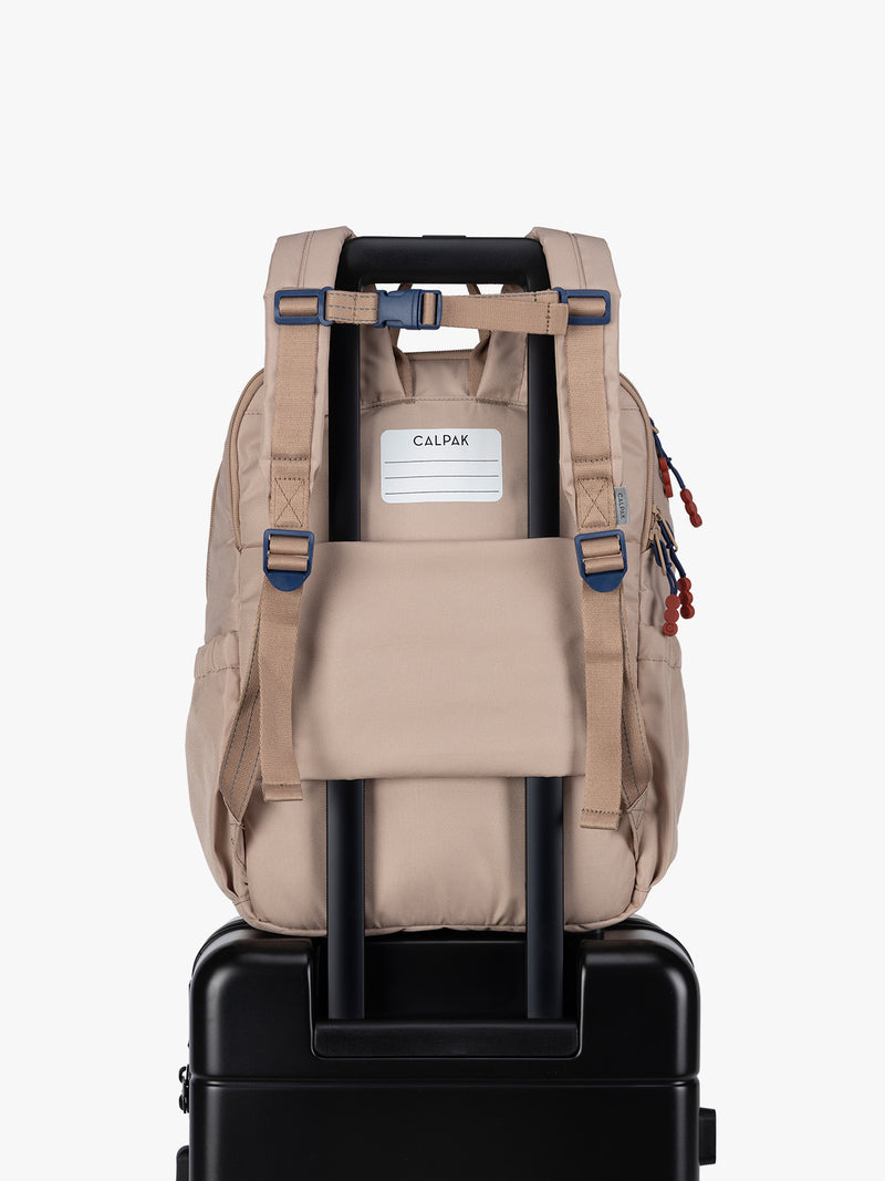 CALPAK Kids Large Backpack in brown and tan Khaki with back luggage trolley sleeve