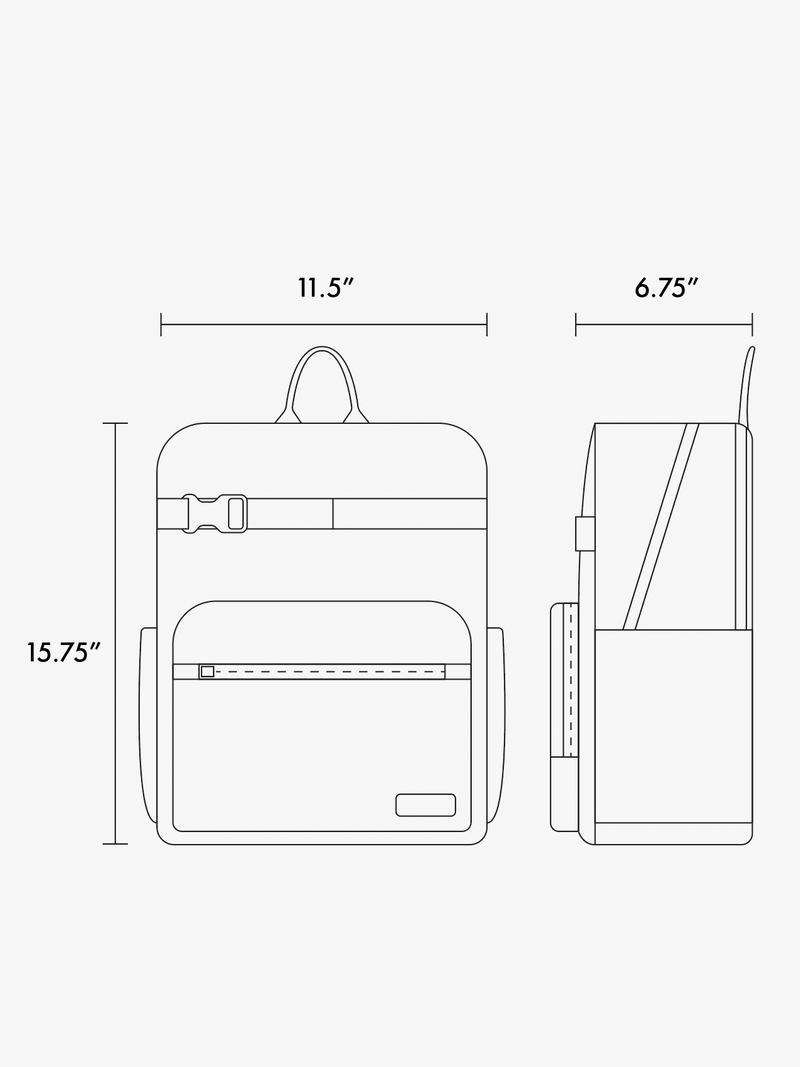 CALPAK Kids Large Backpack line drawing dimensions showing 15.75" x 11.5" x 6.75"