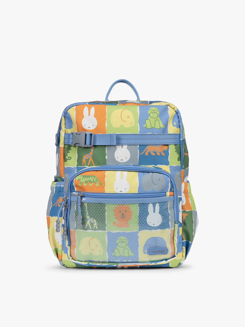 Front view of CALPAK Kids Large Backpack with Miffy and blue colorful animal pattern on a white background