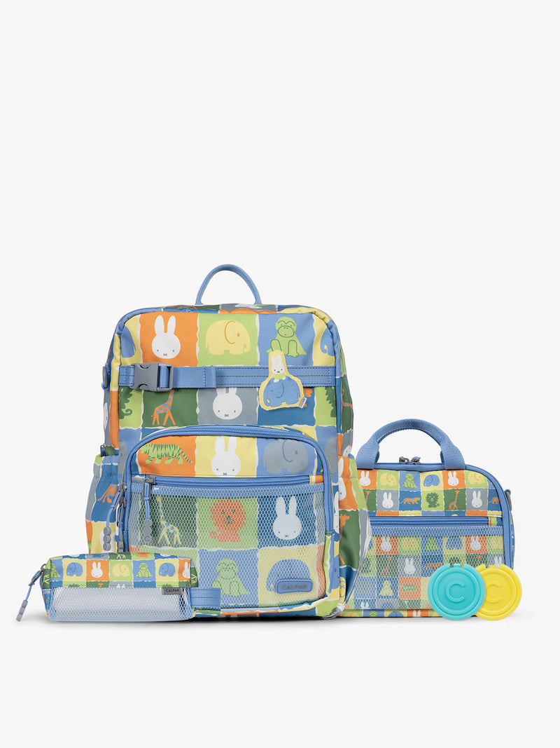 Colorful CALPAK + Miffy Kids Essentials Set with children's Large backpack, lunch bag , pencil case set on a white background with blue accents and Miffy with other animals; BCKL5000-MIFFY-BLUE-ZOO-TRIP