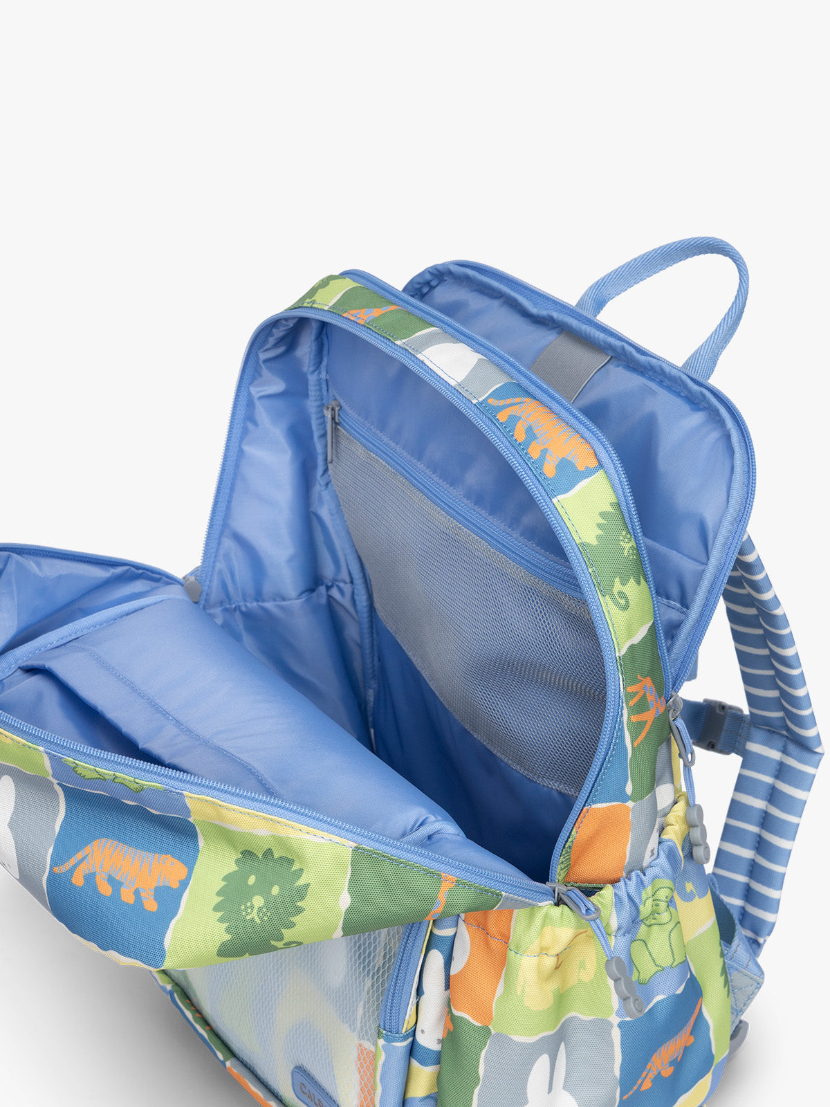 Opened pockets of CALPAK Kids Large Backpack with Miffy and blue colorful animal pattern on a white background; CKBL2501-MIFFY-BLUE-ZOO-TRIP