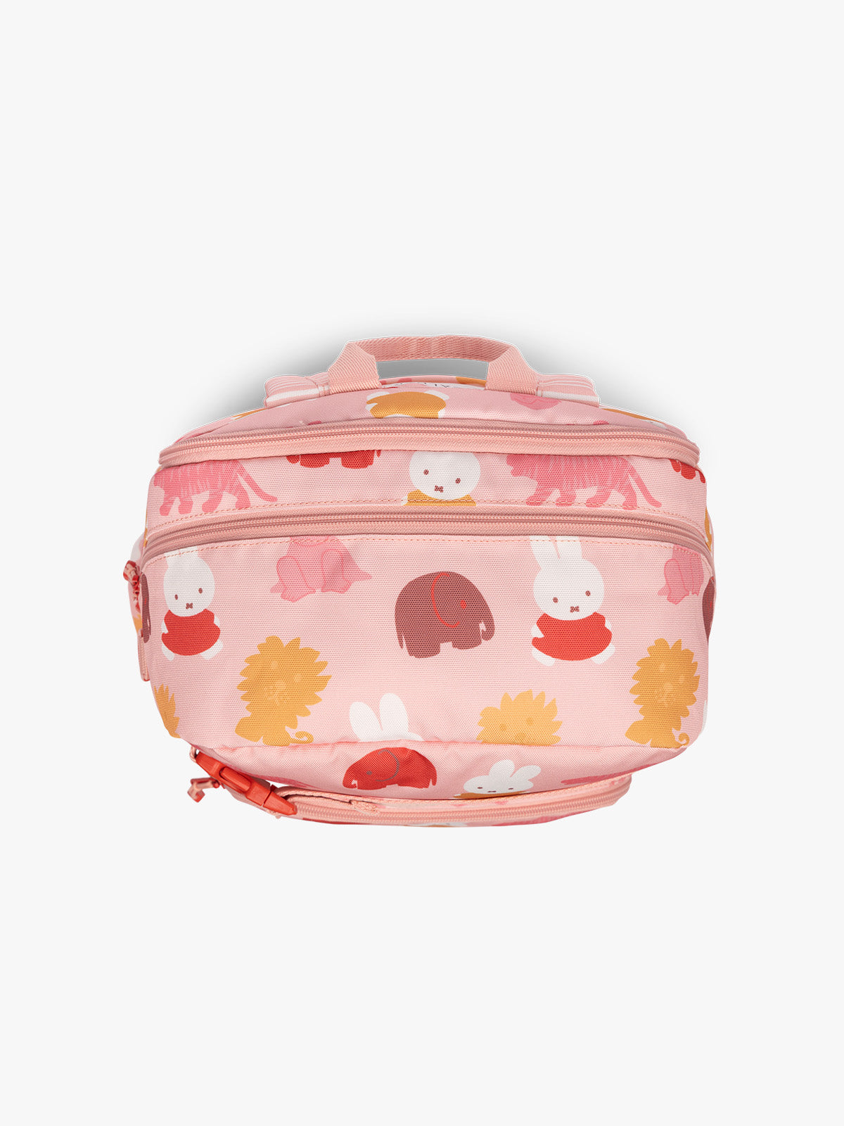 Top view of Side view of CALPAK Kids Large Backpack with Miffy and pink colorful animal pattern on a white background; CKBL2501-MIFFY-PINK-ZOO-TRIP