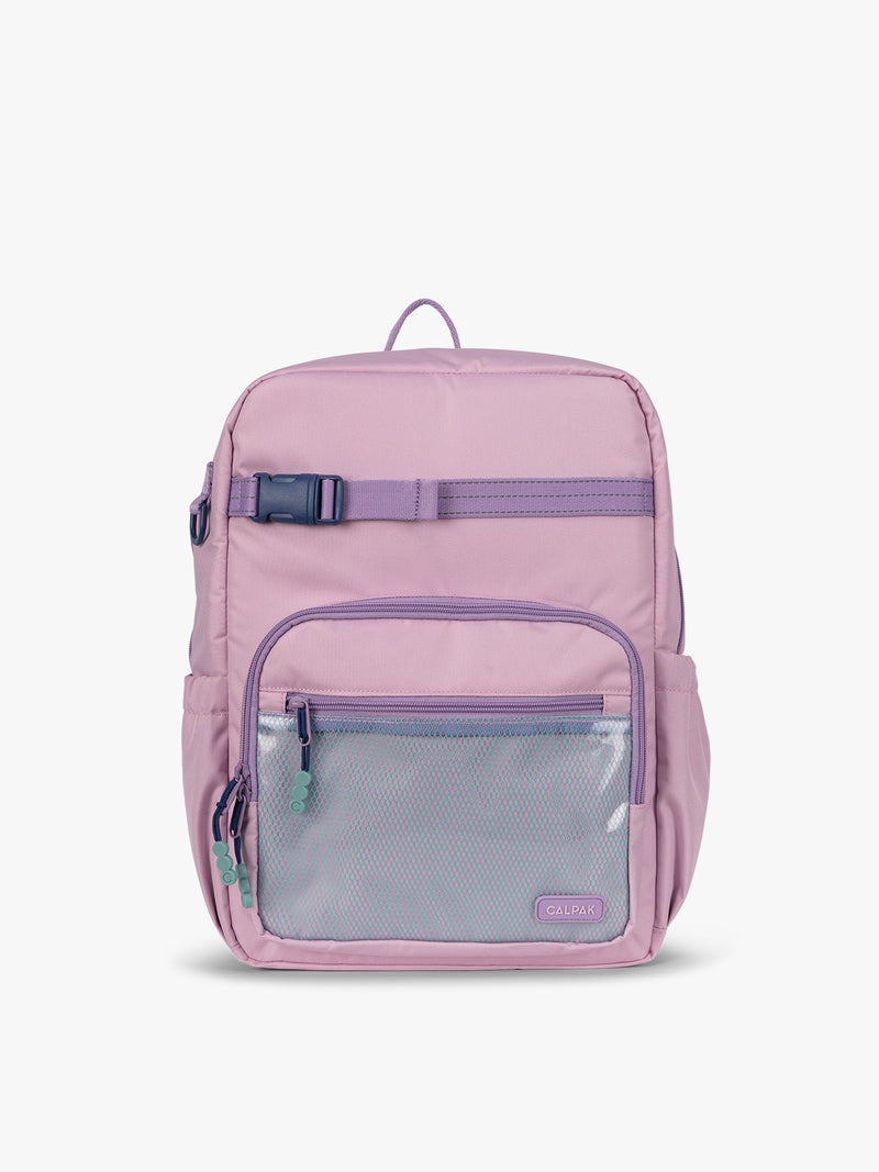 CALPAK Kids Large Backpack in lavender pink Orchid Pink for ages 8-12 side view with water bottle holder pocket
