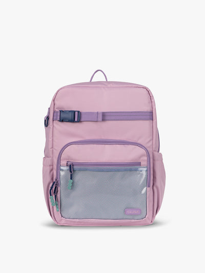 CALPAK Kids Large Backpack in lavender pink Orchid Pink for ages 8-12 side view with water bottle holder pocket; CKBL2501-ORCHID-PINK view 1