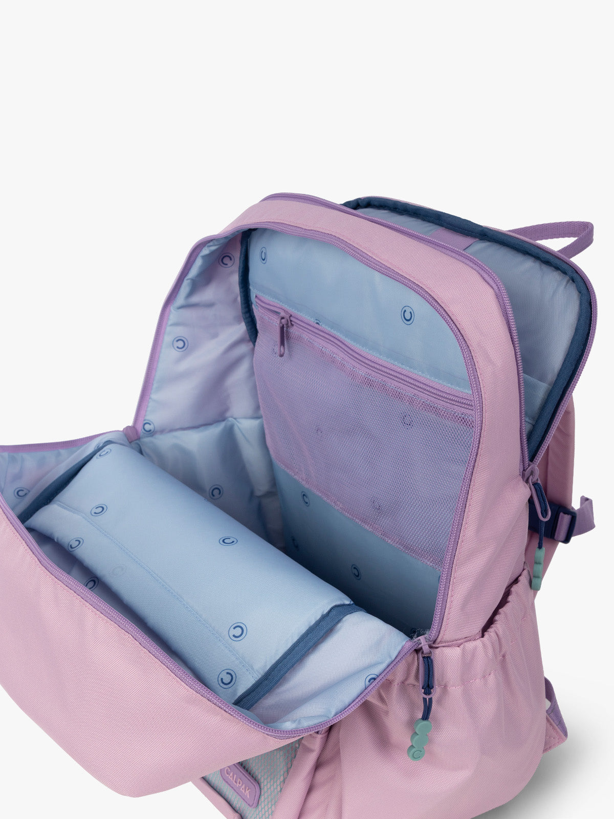 CALPAK Kids Large Backpack in lavender pink Orchid Pink for ages 8-12 opened view with multiple interior pockets and blue lining; CKBL2501-ORCHID-PINK