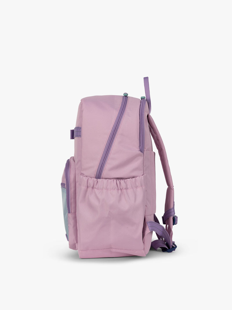 CALPAK Kids Large Backpack in pink lavender in Orchid Pink for ages 8-12 side view with water bottle holder pocket
