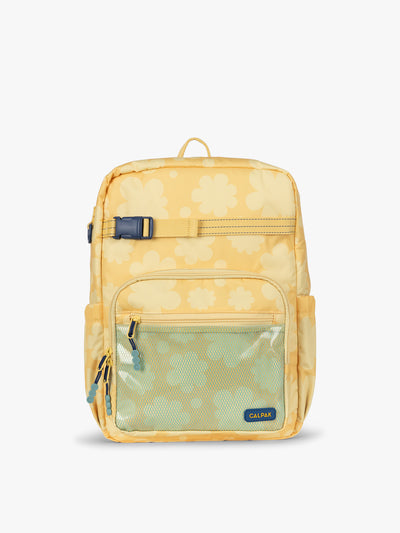 CALPAK Kids Large Backpack in yellow with tan flower print in Yellow Bloom for ages 8-12 side view with water bottle holder pocket; CKBL2501-YELLOW-BLOOM view 1