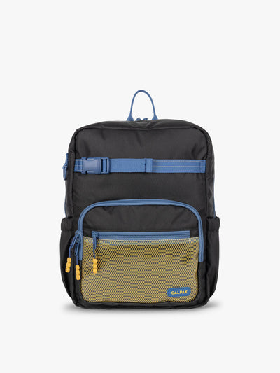 CALPAK Kids Medium Backpack in Black for ages 5-8 is built for your little one’s big days with blue zippers and yellow mesh front pocket, multiple interior pockets, and padded comfort straps; CKBM2501-BLACK view 1