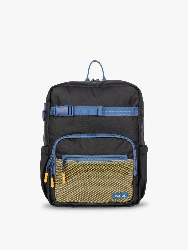 CALPAK Kids Medium Backpack in Black for ages 5-8 is built for your little one’s big days with blue zippers and yellow mesh front pocket, multiple interior pockets, and padded comfort straps