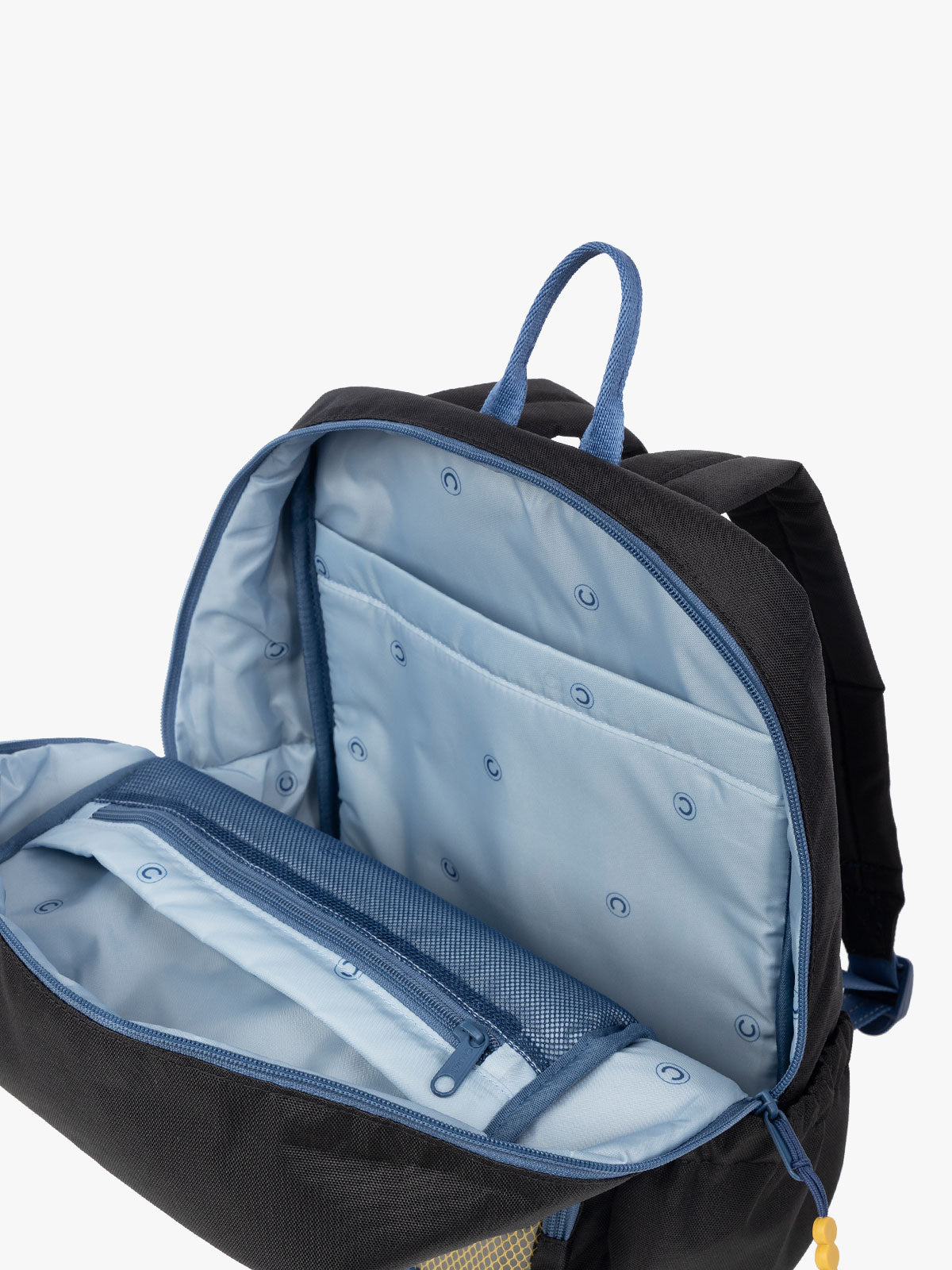 CALPAK Kids Medium Backpack in Black for ages 5-8 opened view with multiple interior pockets and blue lining; CKBM2501-BLACK
