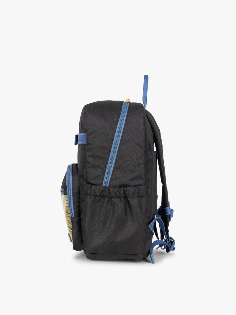 CALPAK Kids Medium Backpack in Black for ages 5-8 side view with water bottle holder pocket