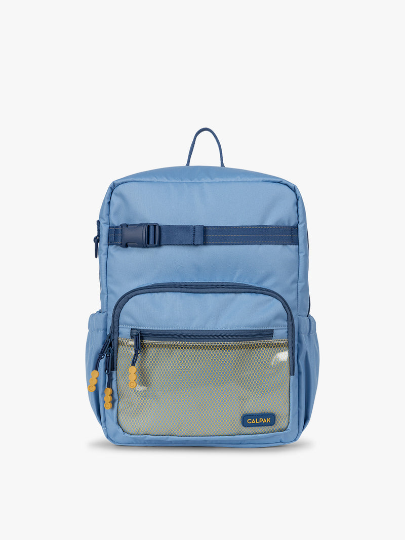 CALPAK Kids Medium Backpack in Blue for ages 5-8 is built for your little one’s big days with dark blue zippers and yellow mesh front pocket, multiple interior pockets, and padded comfort straps