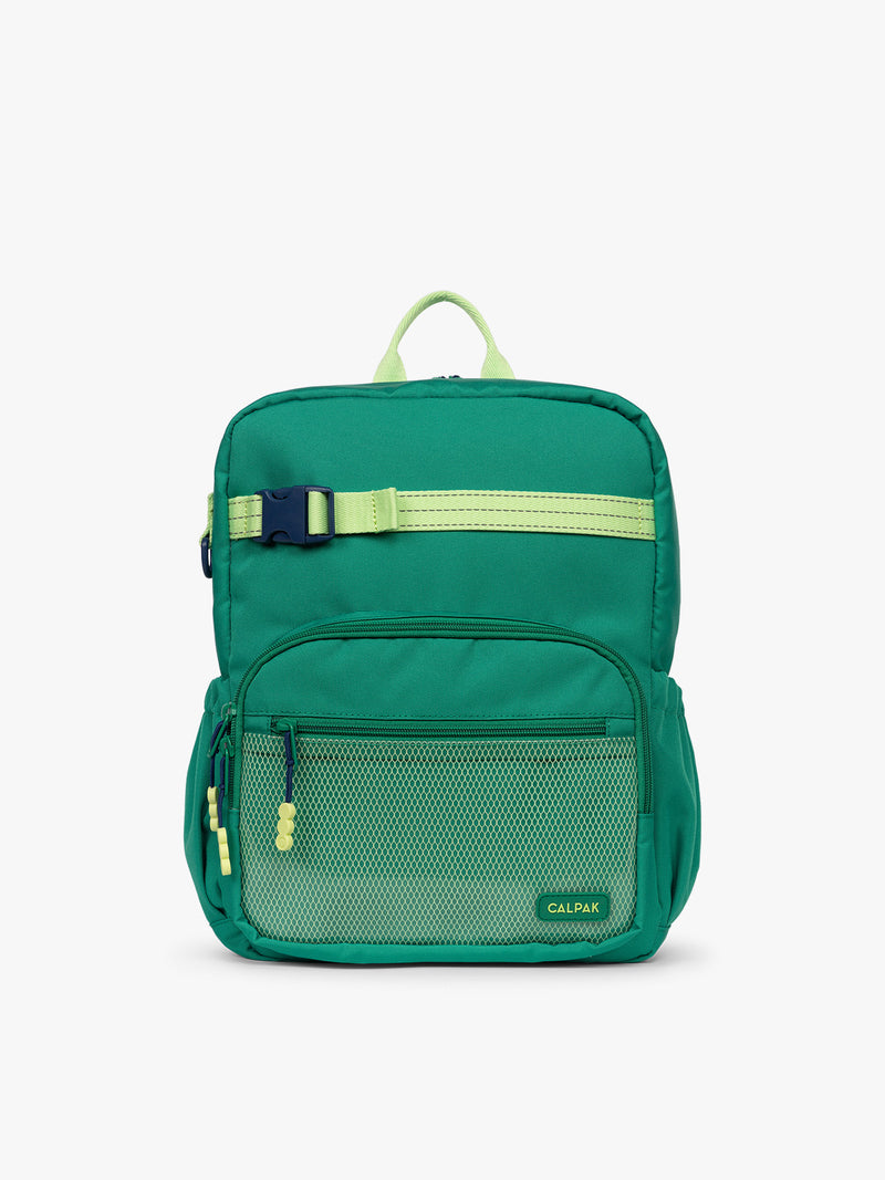 Green CALPAK Kids Medium Backpack with lime green accents on a white background